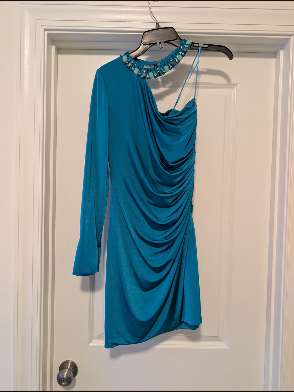 Embellished Teal One-Shoulder Asymmetrical Draped Dress - NEVER WORN